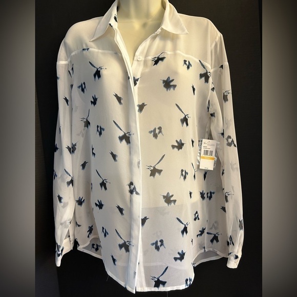 Two by Vince Camuto sheer long sleeve bird print button down shirt. Sz-S NWT Z5 - Picture 2 of 11